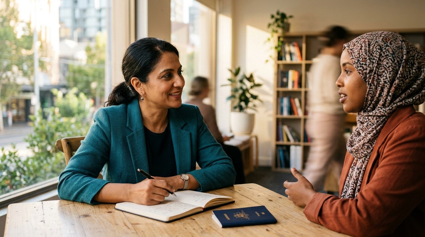 A lawyer in conversation with a client at the office