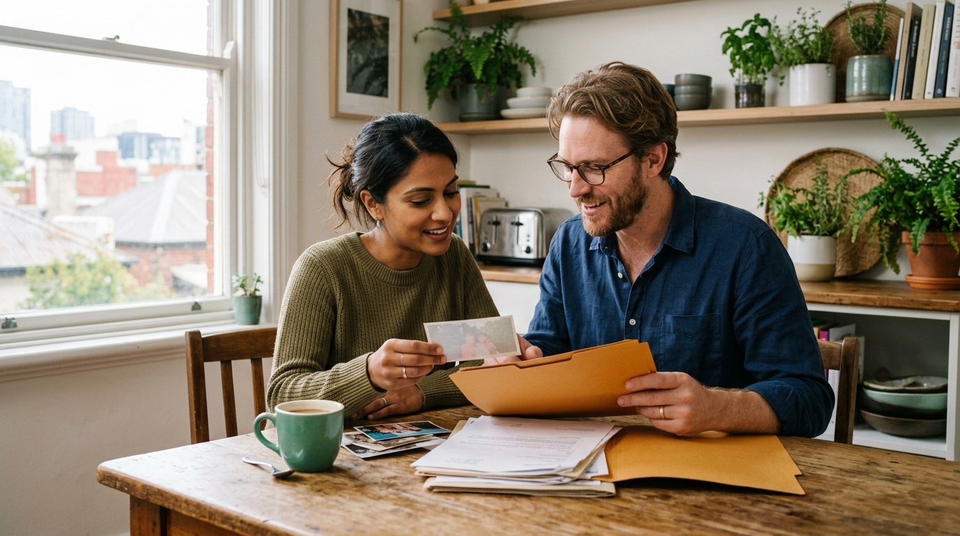 A couple at their kitchen table sorting photographs and documents for a partner visa