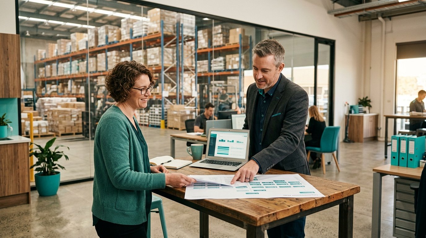 Two managers reviewing a staffing plan in a Melbourne logistics office