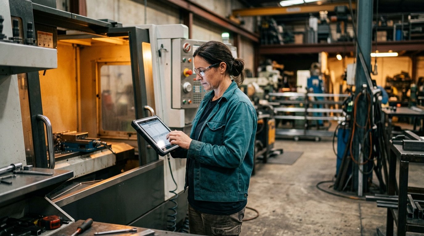 A tradesperson checking a nomination on a tablet in a Melbourne fabrication workshop
